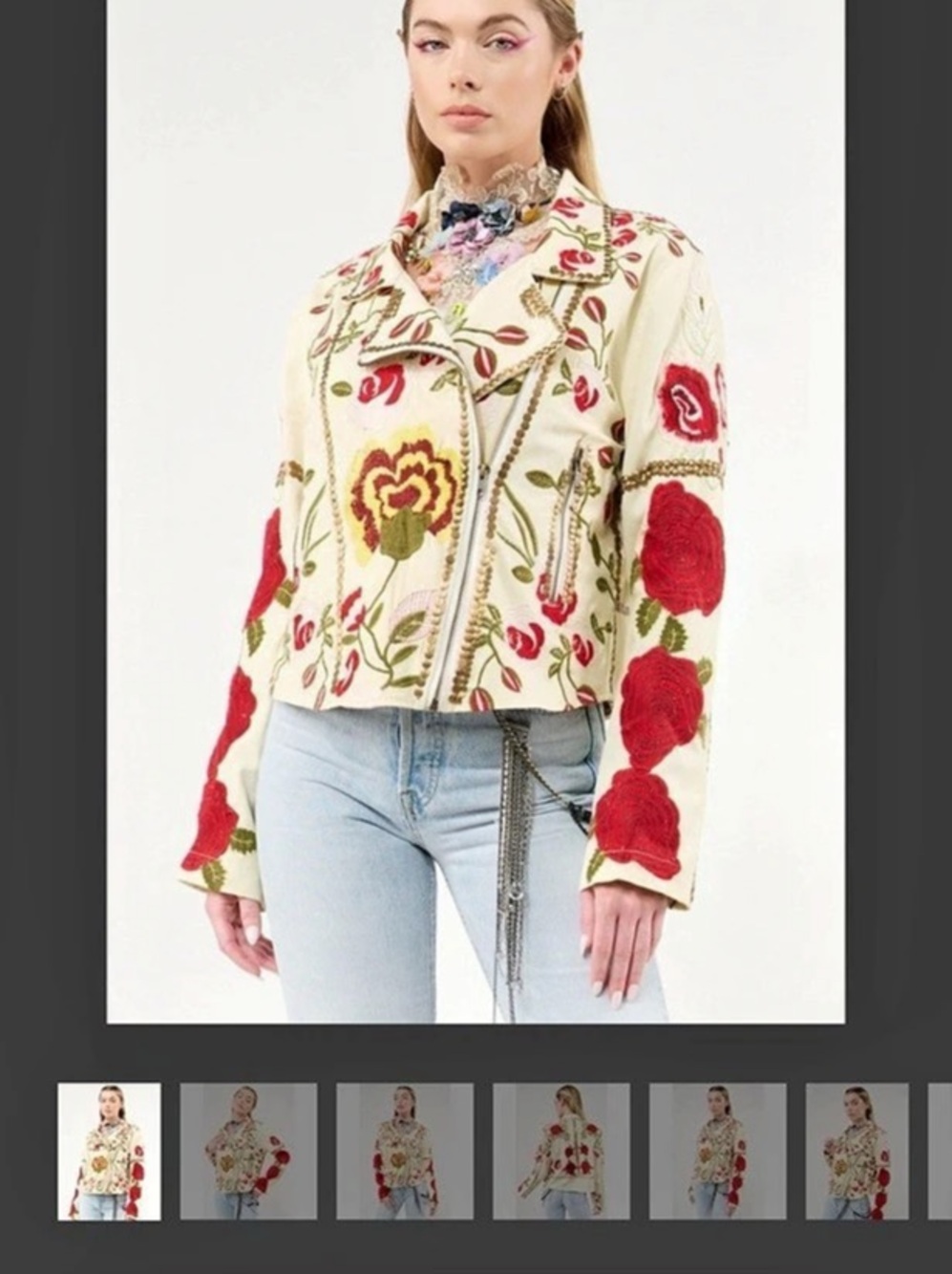 ARATTA Floral Embroidered Studded Faux Leather Moto Jacket